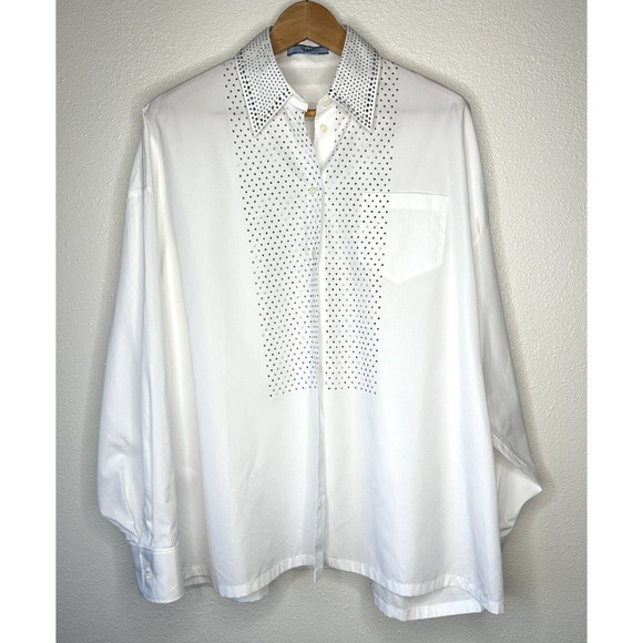 Prada White Long Sleeve Front Button Rhinestone Encrusted Collar & Front Shirt - Picture 1 of 16
